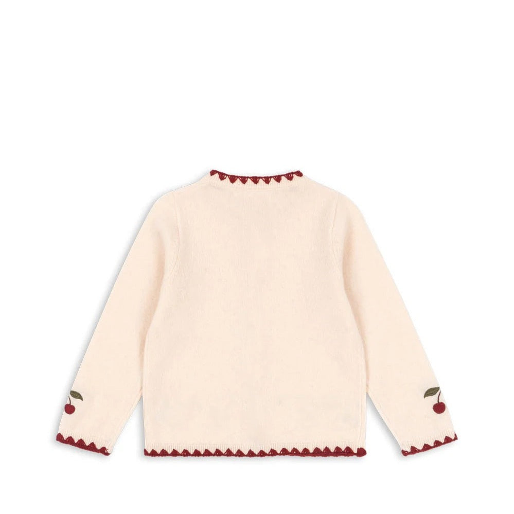 Konges Slojd Collette Cardigan Off White, knit with red zigzag trim and cherry embroidery on sleeves