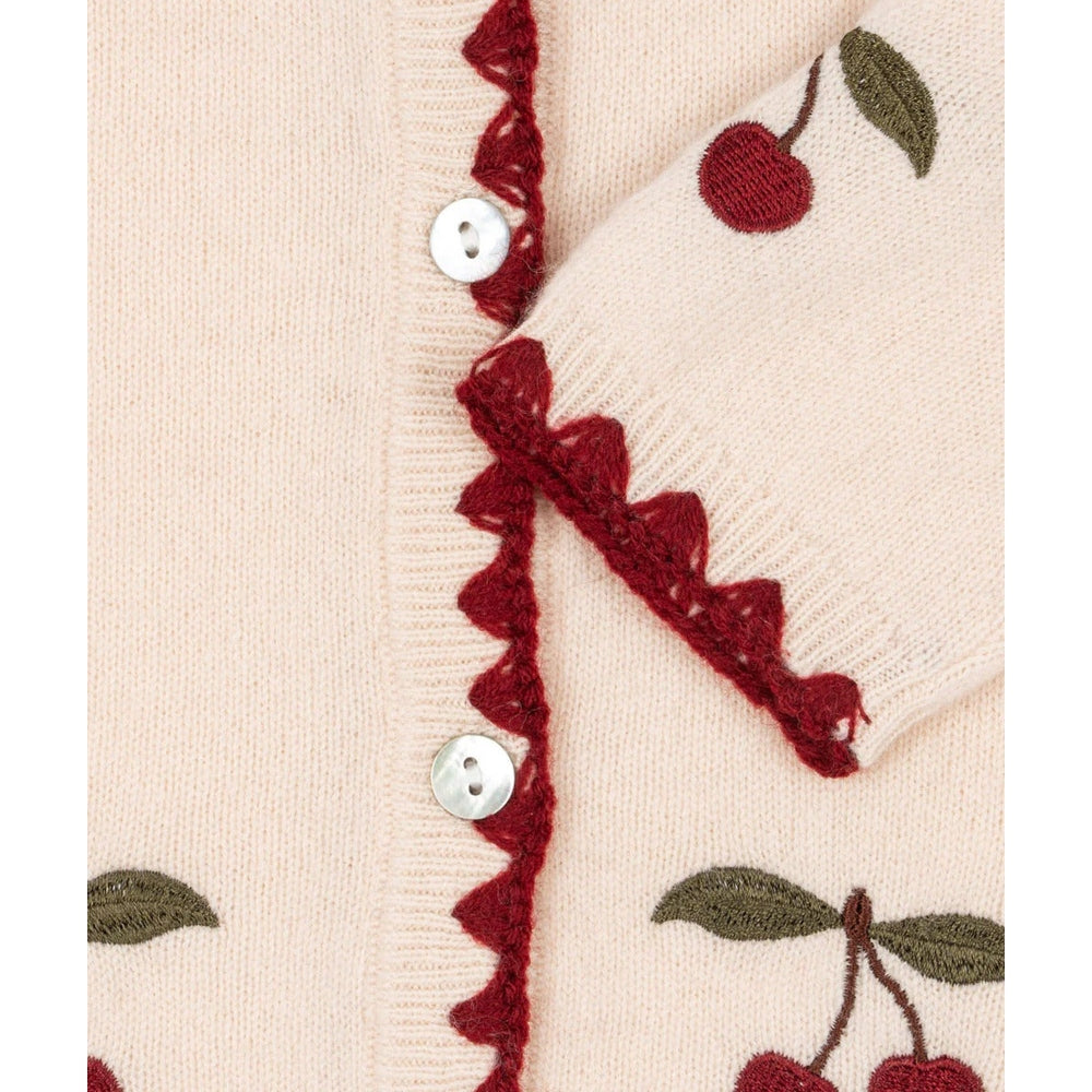 Konges Slojd Collette Cardigan Off White featuring cherry embroidery and red scalloped trim, front button placket shown fastened.