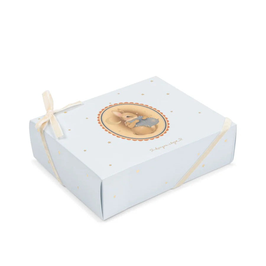 Konges Slojd Coty Gift Set Gray Dawn in pale blue box with cream ribbon and bunny illustration on the lid.