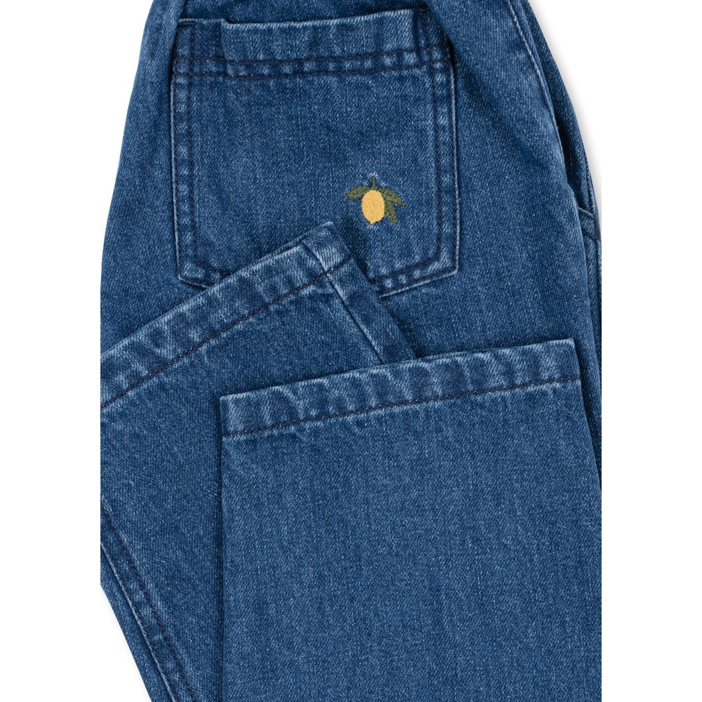 Konges Slojd Denim Pants Gots Denim Blue with yellow lemon embroidery on the back pocket.