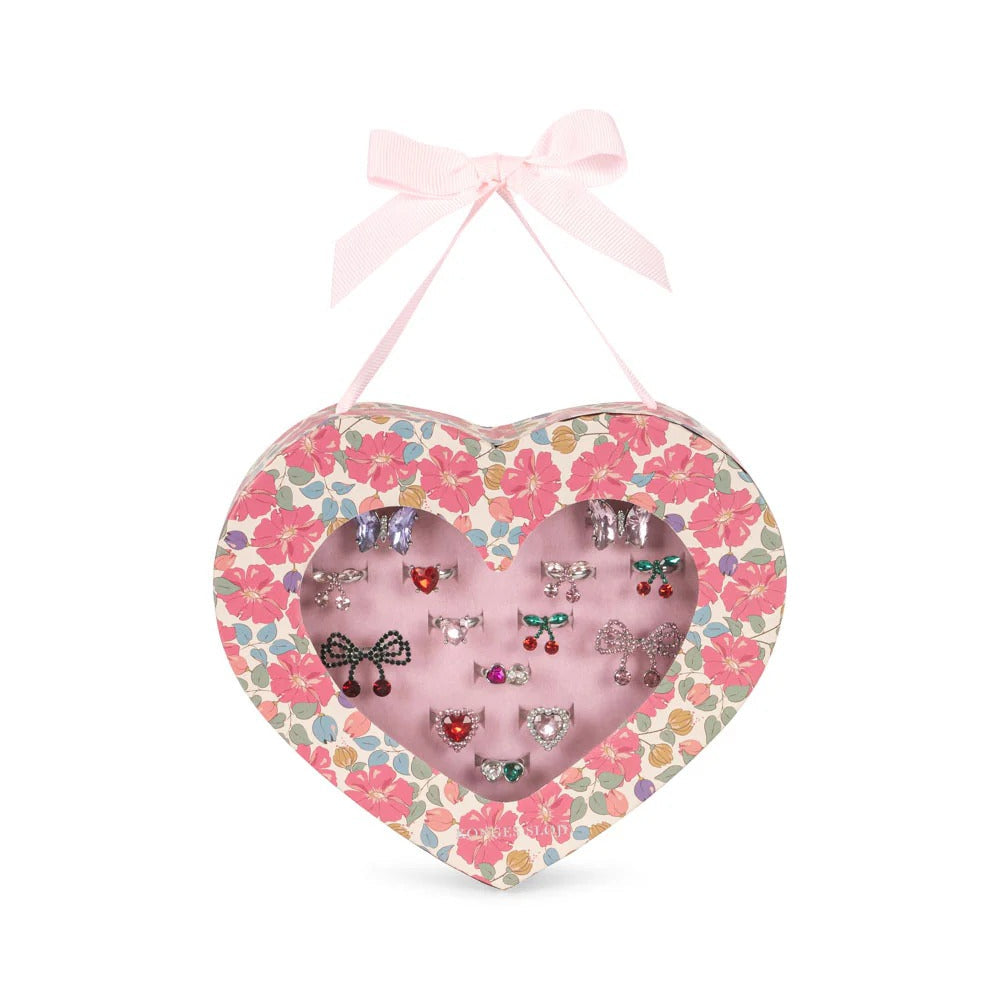 Konges Slojd Dreamy Ring Set 14 Pcs in a floral heart box with pink ribbon and colorful jeweled rings.