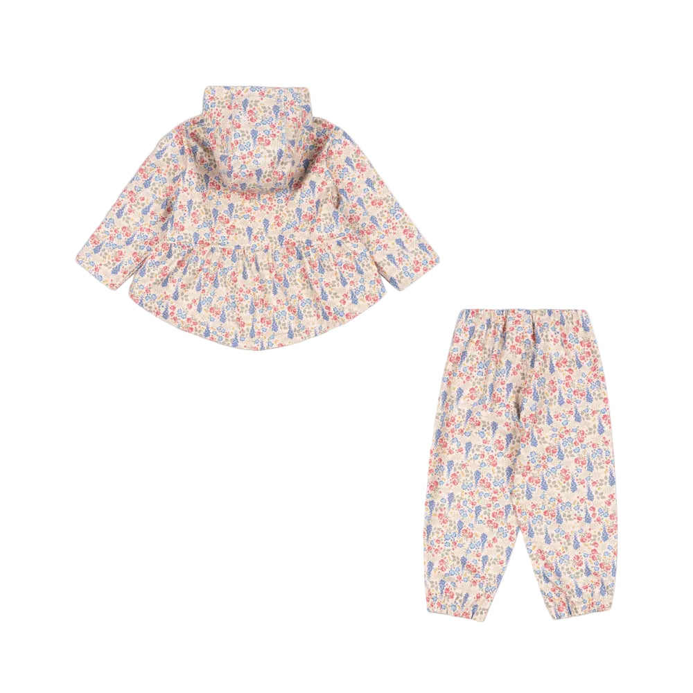 Konges Slojd Faire Rain Set Lavida Rain Set in Cream Floral Print with pink and blue accents, hooded jacket and pants