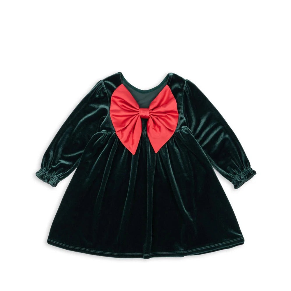 Konges Slojd Gia Bow Dress Pine Grove velvet baby dress with a large red bow at front and long sleeves