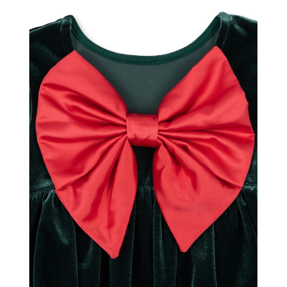 Konges Slojd Gia Bow Dress Pine Grove: emerald green velvet dress with a bold red satin bow at the chest.