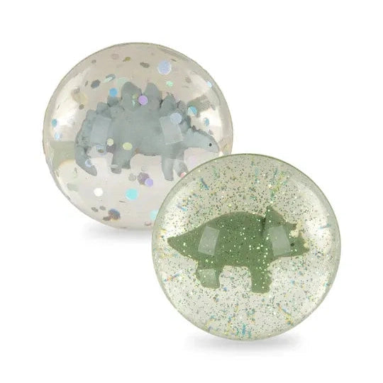 Konges Slojd Glitter Bouncing Ball Set Dino, two clear glitter balls with dinosaurs inside, ready to bounce