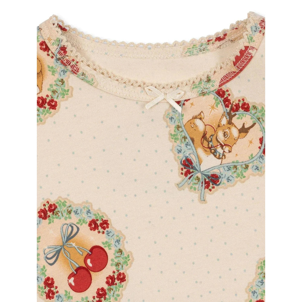 Konges Slojd Holiday Basic Blouse/Pants Set GOTS Deer Diary, cream with deer print, laid flat to show lace trim.