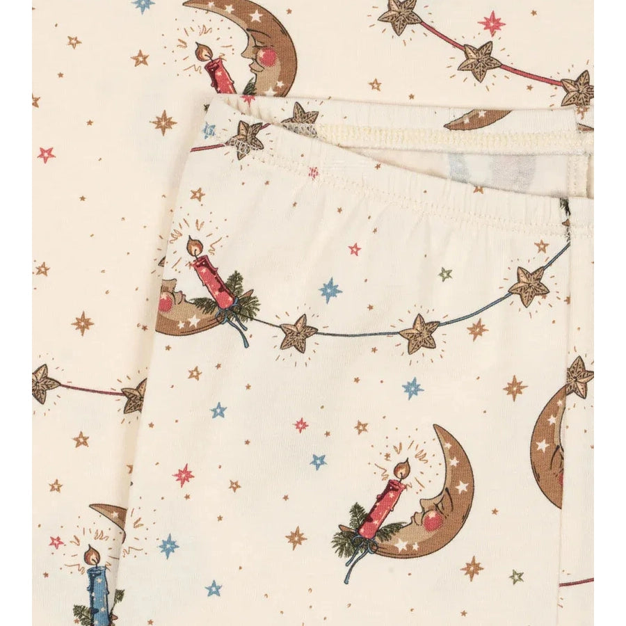 Konges Slojd Holiday Basic Blouse/Pants Set GOTS Luna in cream with moon and star print, laid flat for display