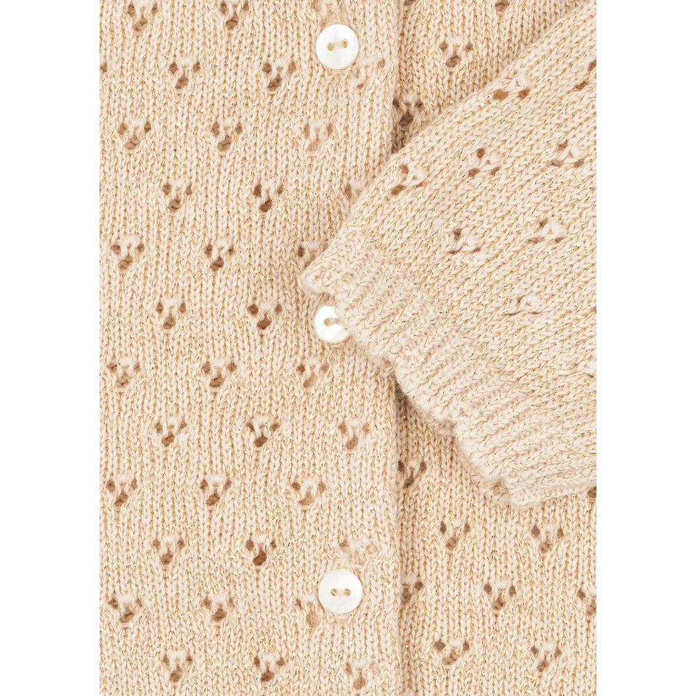 Konges Slojd Holiday Knit Cardigan Buttercream in beige with white buttons, showcasing delicate open-knit pattern.