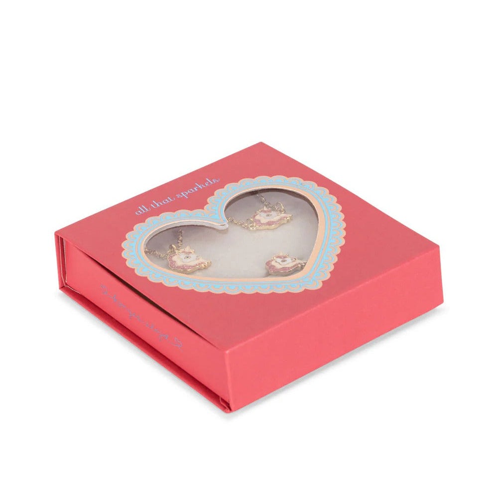 Konges Slojd Jewelry Set in pink box with heart window, showing unicorn-themed necklaces on display.