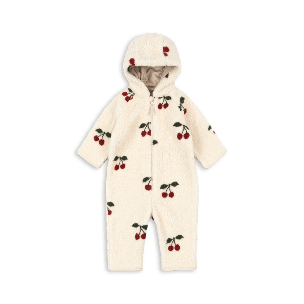 Konges Slojd Jody Teddy Onesie cream fleece with cherry print, hooded baby sleepsuit