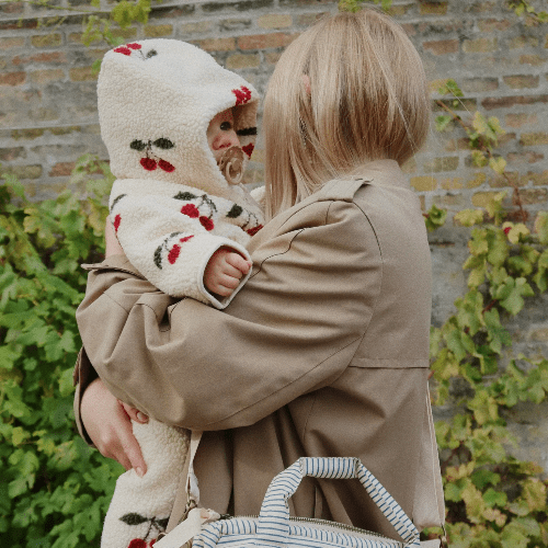 Konges Slojd Jody Teddy Onesie Ma Grande Cerise, cream teddy fabric with cherry pattern