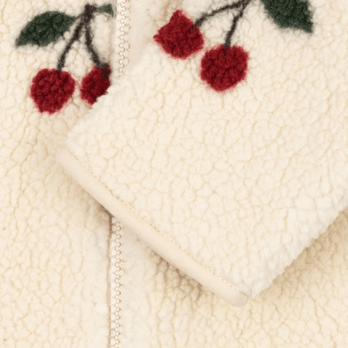 Konges Slojd Jody teddy onesie in cream fleece with cherry embroidery pattern