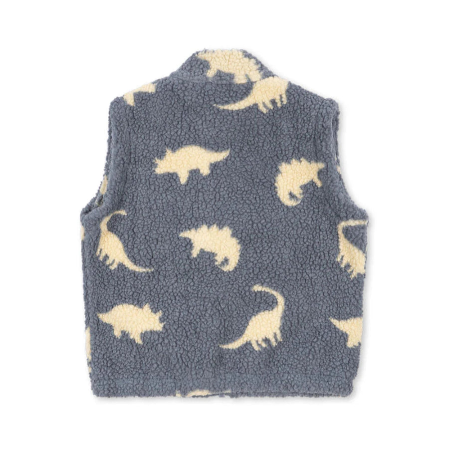 Konges Slojd Jody Teddy Vest Dino Mist in gray teddy fleece with cream dinosaur silhouettes