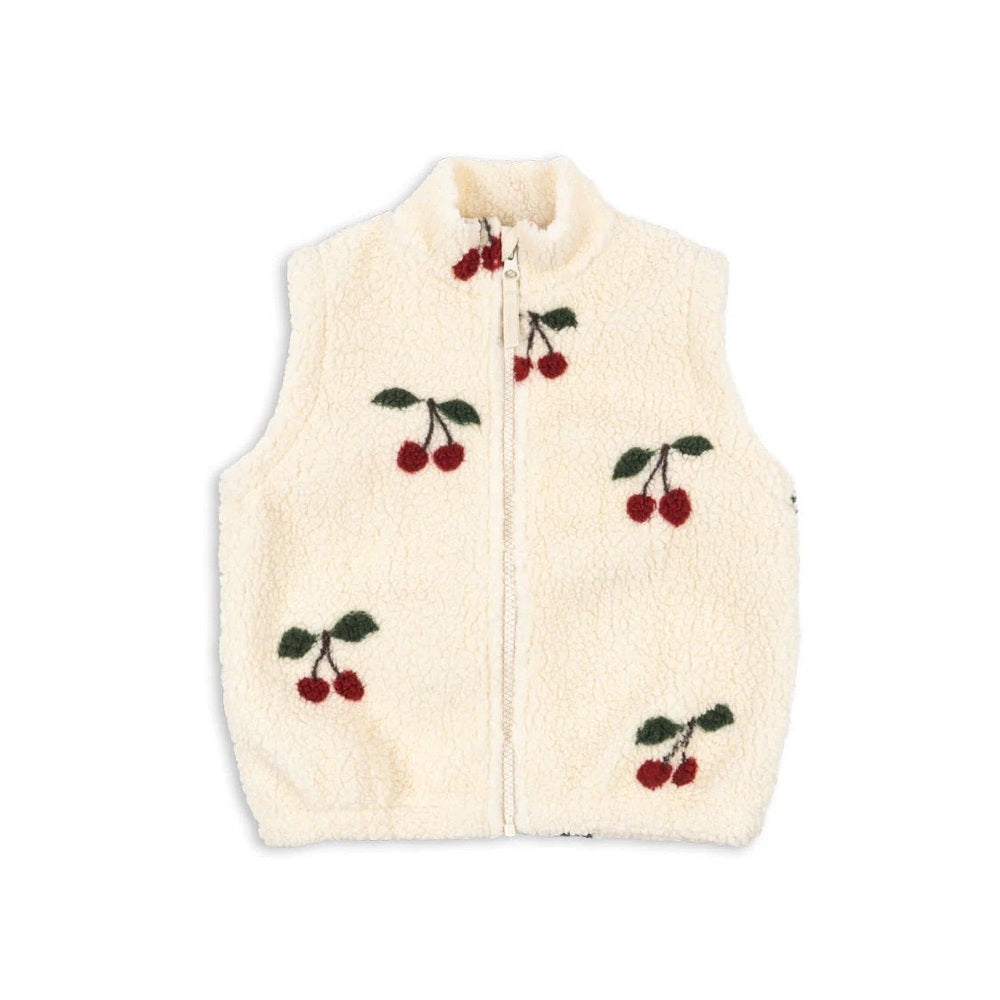 Konges Slojd Jody Teddy Vest Ma Grande Cerise in cream sherpa with cherry print