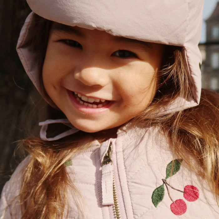 Konges Slojd Juna Bomber Jacket Twilight Mauve for kids, padded outerwear with cherry embroidery