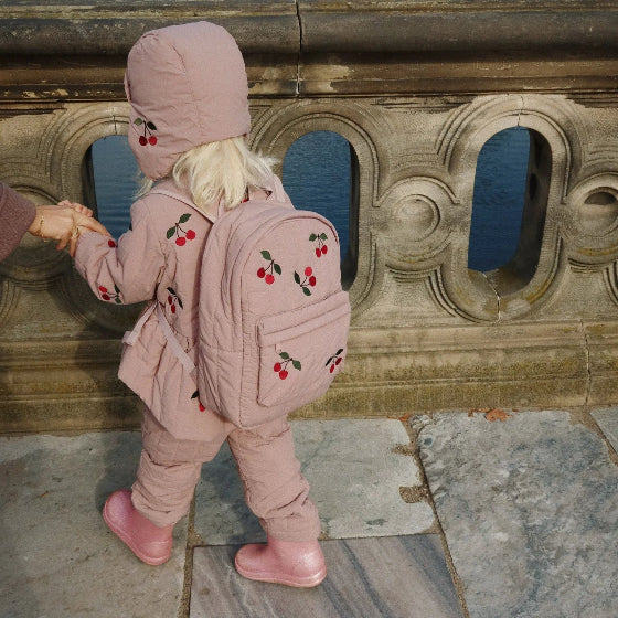 Konges Slojd Juna Bomber Jacket Twilight Mauve for toddlers with cherry embroidery and matching backpack