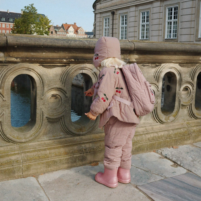 Konges Slojd Juna bomber jacket Twilight Mauve for toddlers, pink quilted coat with cherry embroidery