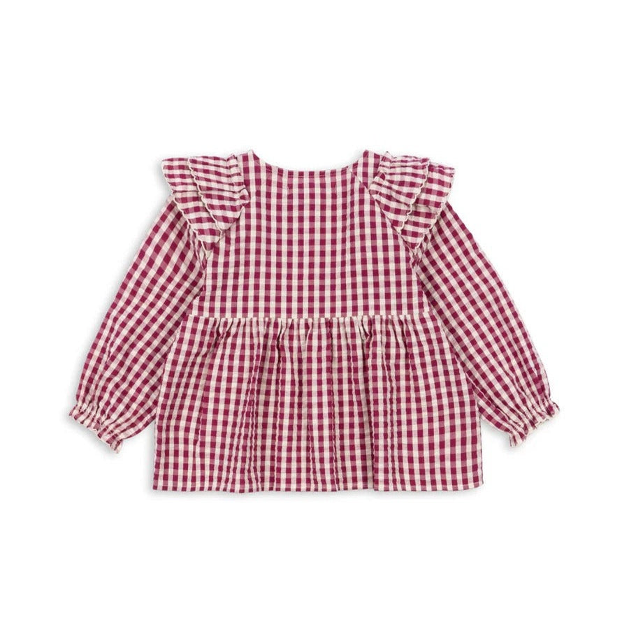Konges Slojd Kim Frill Blouse Sangria Butter Check, pink gingham baby top with ruffled shoulders and gathered waist