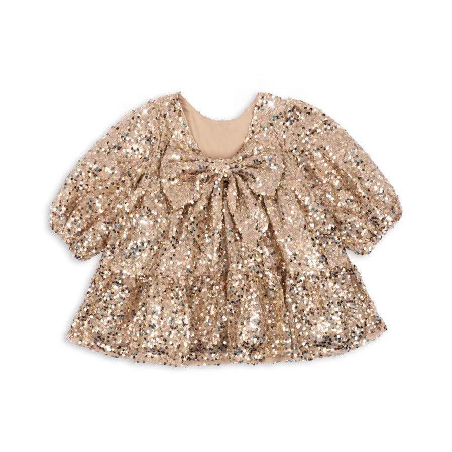 Konges Slojd Lila Sequins Bow Dress Gold Glitter, a baby dress with puff sleeves