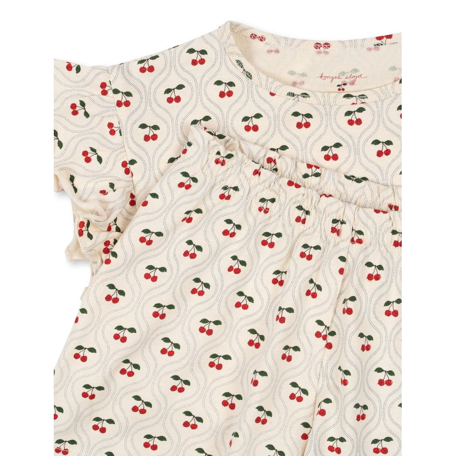 Konges Slojd Lin Frill Two Piece Set; cream linen with red cherry motif, 2-piece outfit