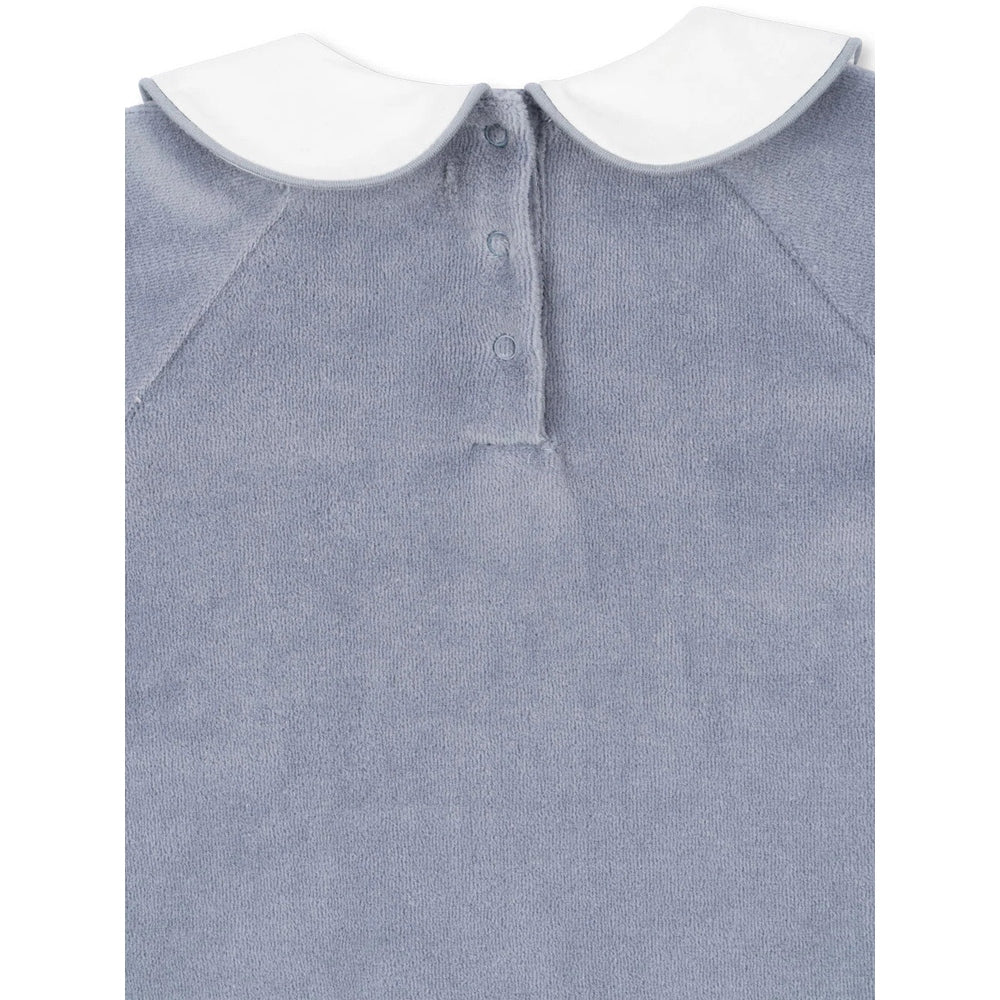 Konges Slojd Miffa Onesie Trade Winds blue terry with white Peter Pan collar and button placket