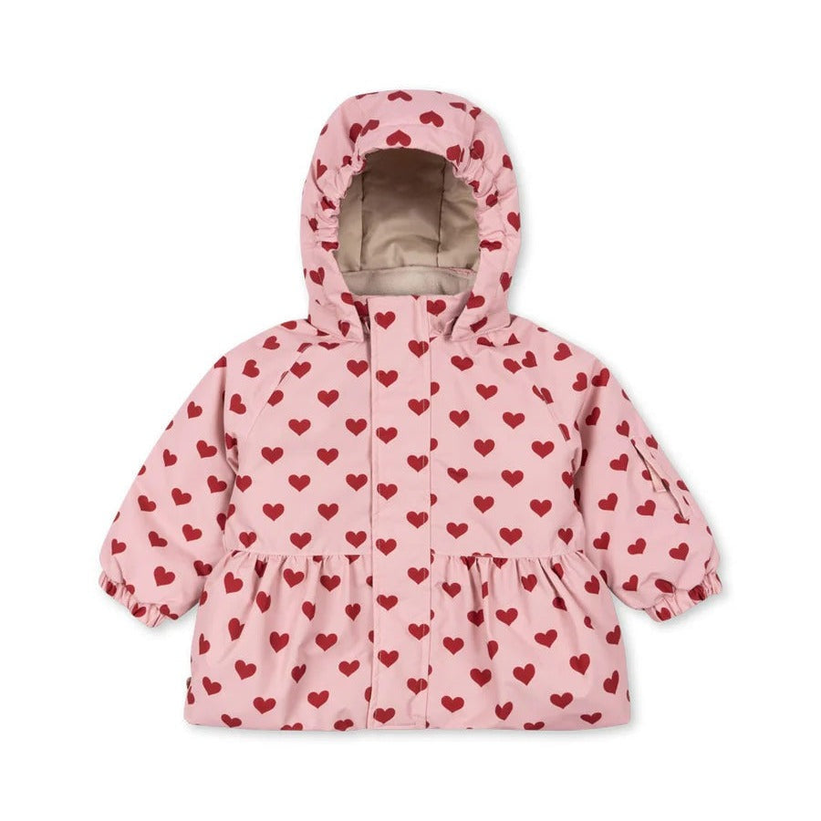 Konges Slojd Mismou Jacket Amour Pink, pink hooded baby coat with red heart print, elastic cuffs and gathered waist.