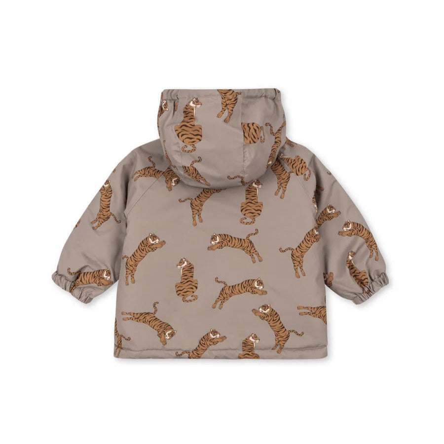 Konges Slojd Mismou Jacket Tiger Oak, beige hooded baby coat with tiger print, back view.