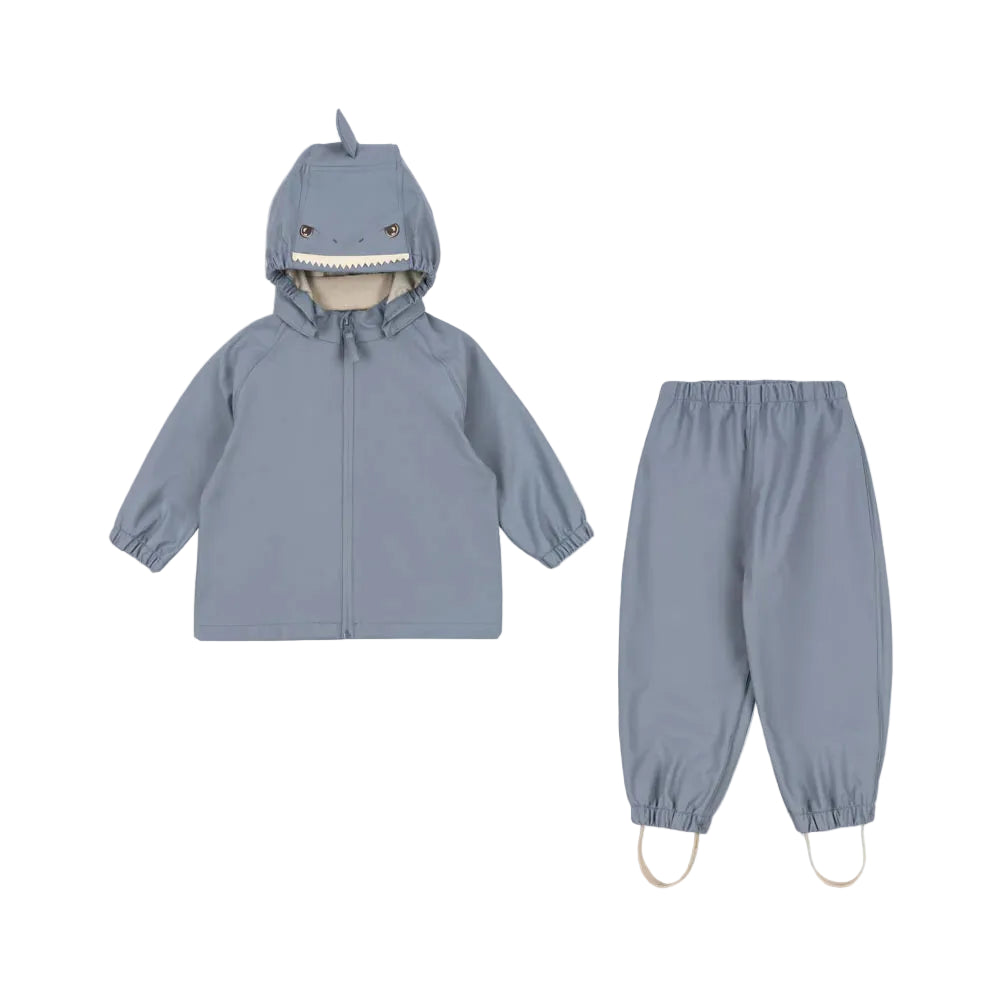 Konges Slojd Sharka Rain Set in Tradewinds Blue with shark-face hood.