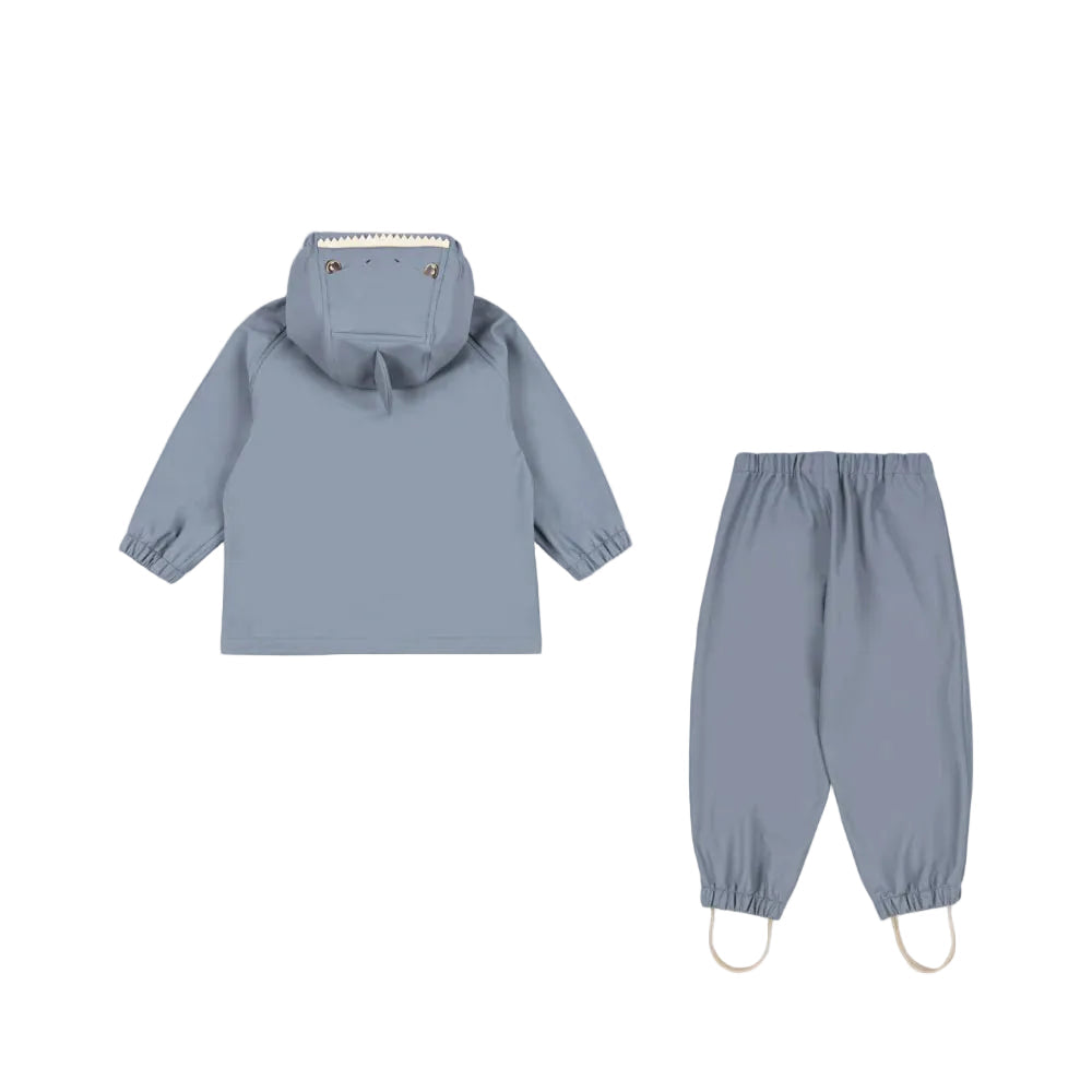Konges Slojd Sharka Rain Set in Tradewinds blue with hooded jacket and pants with foot loops