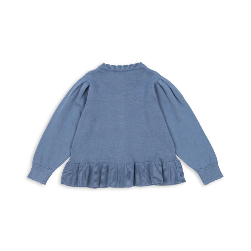 Konges Slojd Soleil cardigan in country blue; knit sweater with puff sleeves and ribbed hem