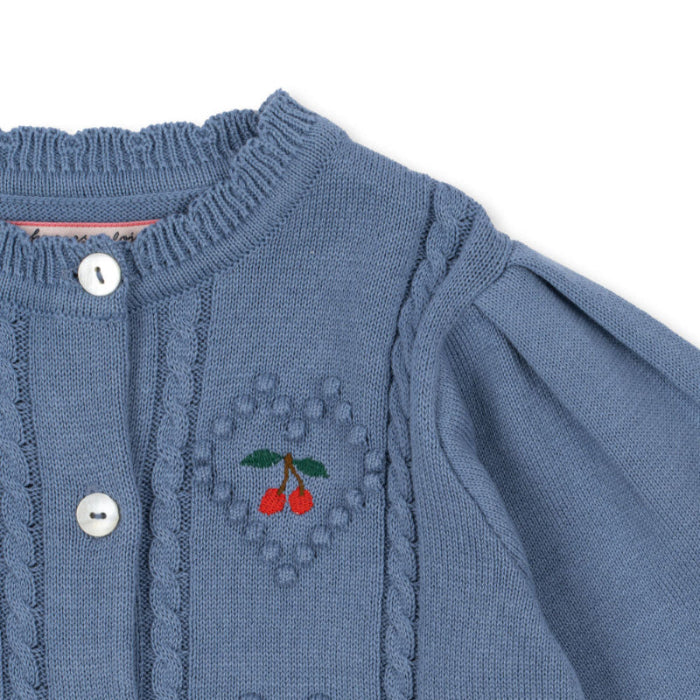 Konges Slojd Soleil cardigan in country blue with cherry embroidery and button-front knit.