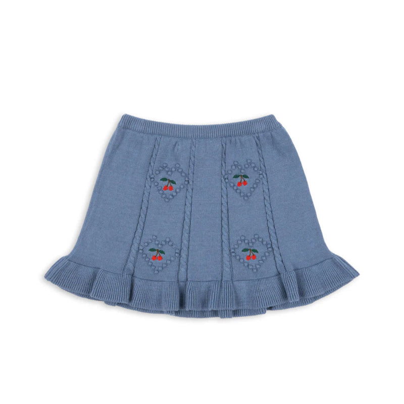 Konges Slojd Soleil knit skirt in country blue with cherry embroidery and a ruffled hem