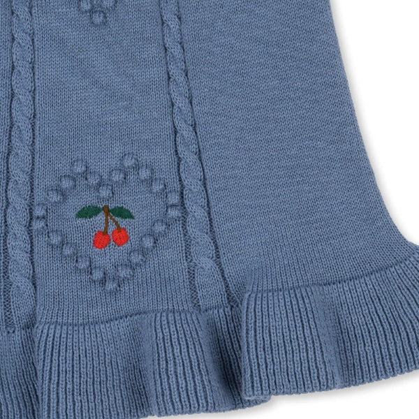 Konges Slojd Soleil knit skirt in country blue with cherry embroidery and ribbed hem