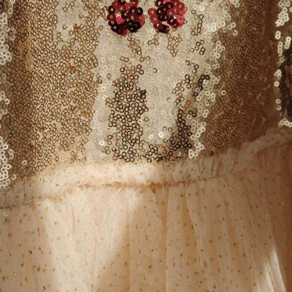 Konges Slojd Starla puff-sleeve dress in gold blush with sequin bodice and tulle skirt