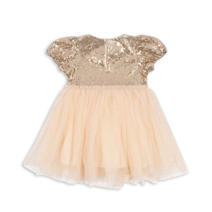 Konges Slojd Starla dress with gold sequin bodice, blush tulle skirt and puff sleeves