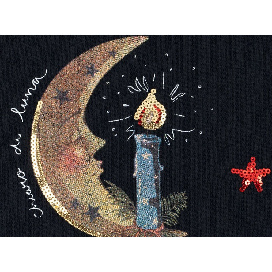 Konges Slojd Sweat Shirt Dark Navy, glitter moon and sequin candle motif sparkling on cozy fabric.