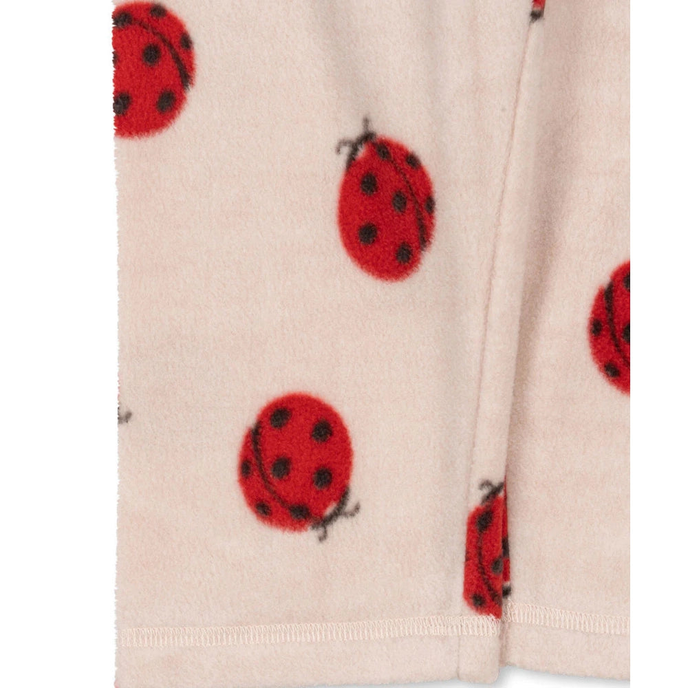 Konges Slojd Tavi fleece pants, pink with red ladybug print, cozy loungewear bottoms