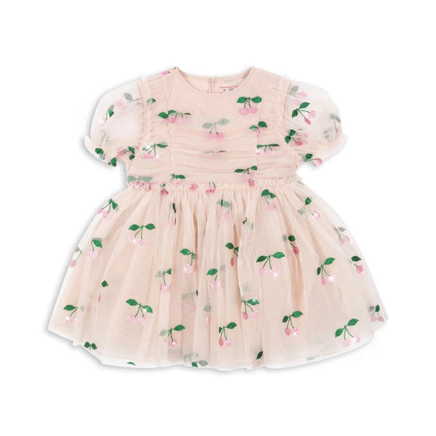 Konges Slojd Tullie Dress Pink Glitter laid flat, pink floral tulle with puff sleeves and gathered waist