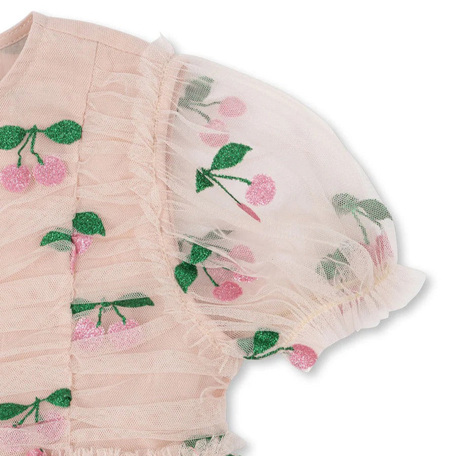 Konges Slojd Tullie Dress Pink Glitter featuring pink tulle puff sleeves with cherry embroidery.