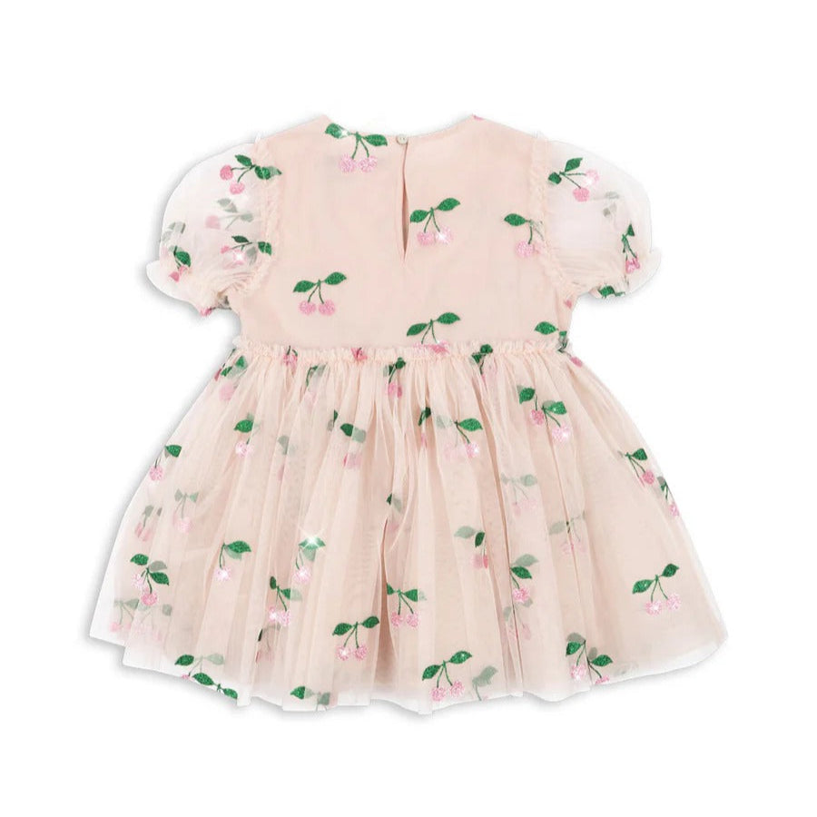 Konges Slojd Tullie Dress Pink Glitter, pastel pink with cherry print, puff sleeves and tulle skirt