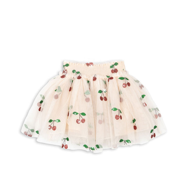 Konges Slojd Tullie Smock Skirt Glitter Cherry, pale peach tulle with cherry print