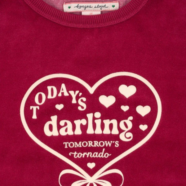 Konges Slojd sangria velour blouse sweatshirt with white heart motif and Today's darling text