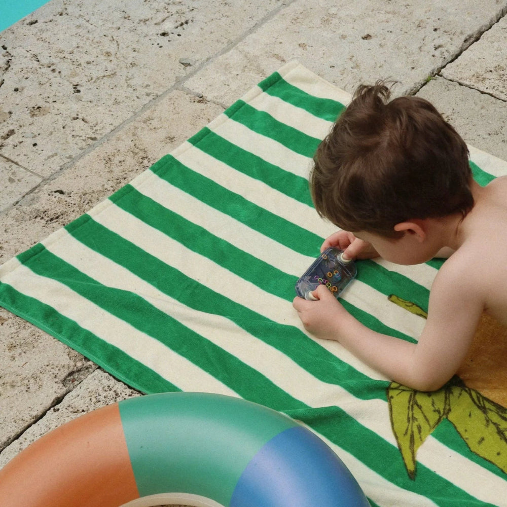 Konges Slojd Water Ring Toss Game in clear case with multicolor rings on a green-and-white striped towel.