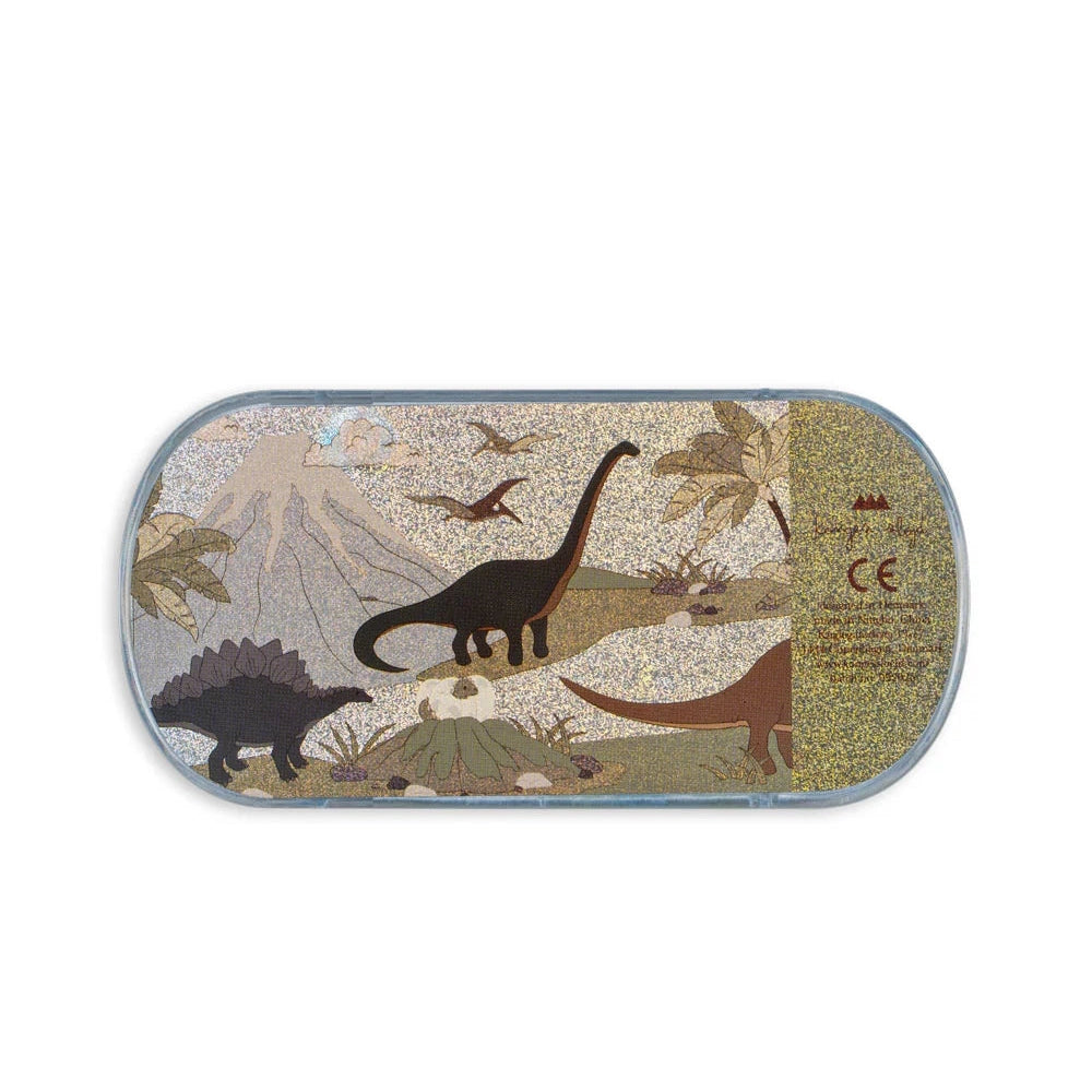 Konges Slojd Water Ring Toss Game in glittery gold dinosaur scene with pale blue border