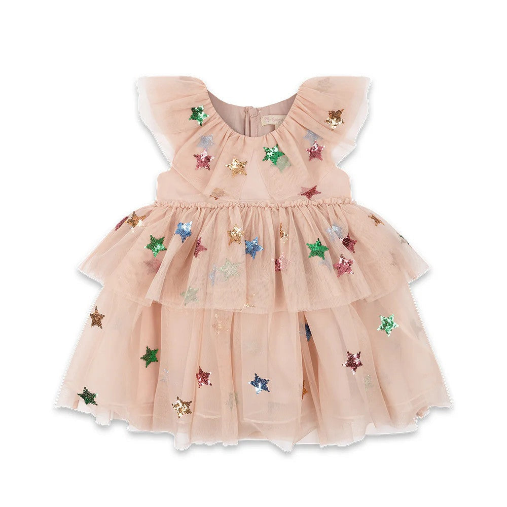 Konges Slojd Yvonne Fairy Dress Multi Star, peach pink tulle swirled with multicolor star sequins.