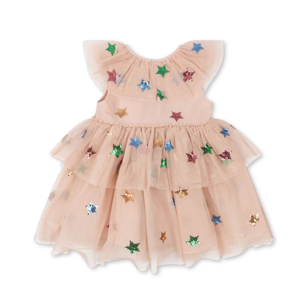 Konges Slojd Yvonne Fairy Dress Multi Star peach with glitter star sequins on airy layered tulle ready to twirl