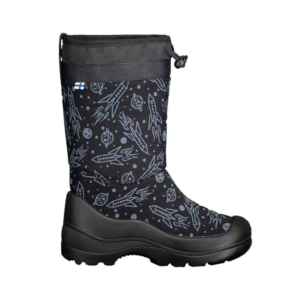 Kuoma Snowlock Black Spaceship kids' boot in space-pattern fabric, rugged outsole shown for snow traction.