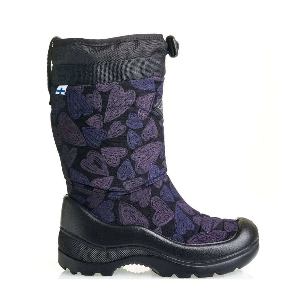 Kuoma Snowlock Black Sweetheart kids' boots, black fabric with purple hearts, rugged lug sole grips snow.