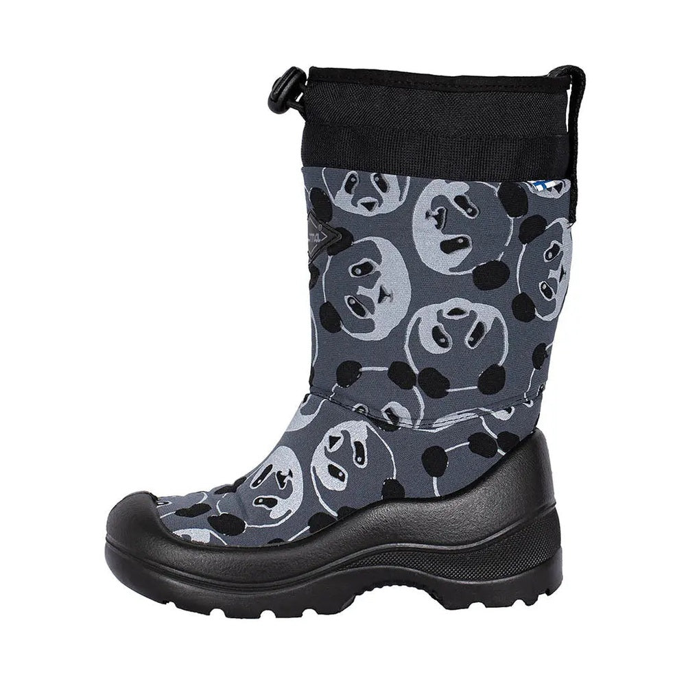 Kuoma Snowlock Grey Panda kids' boot with panda-print upper, black outsole, and knit cuff.