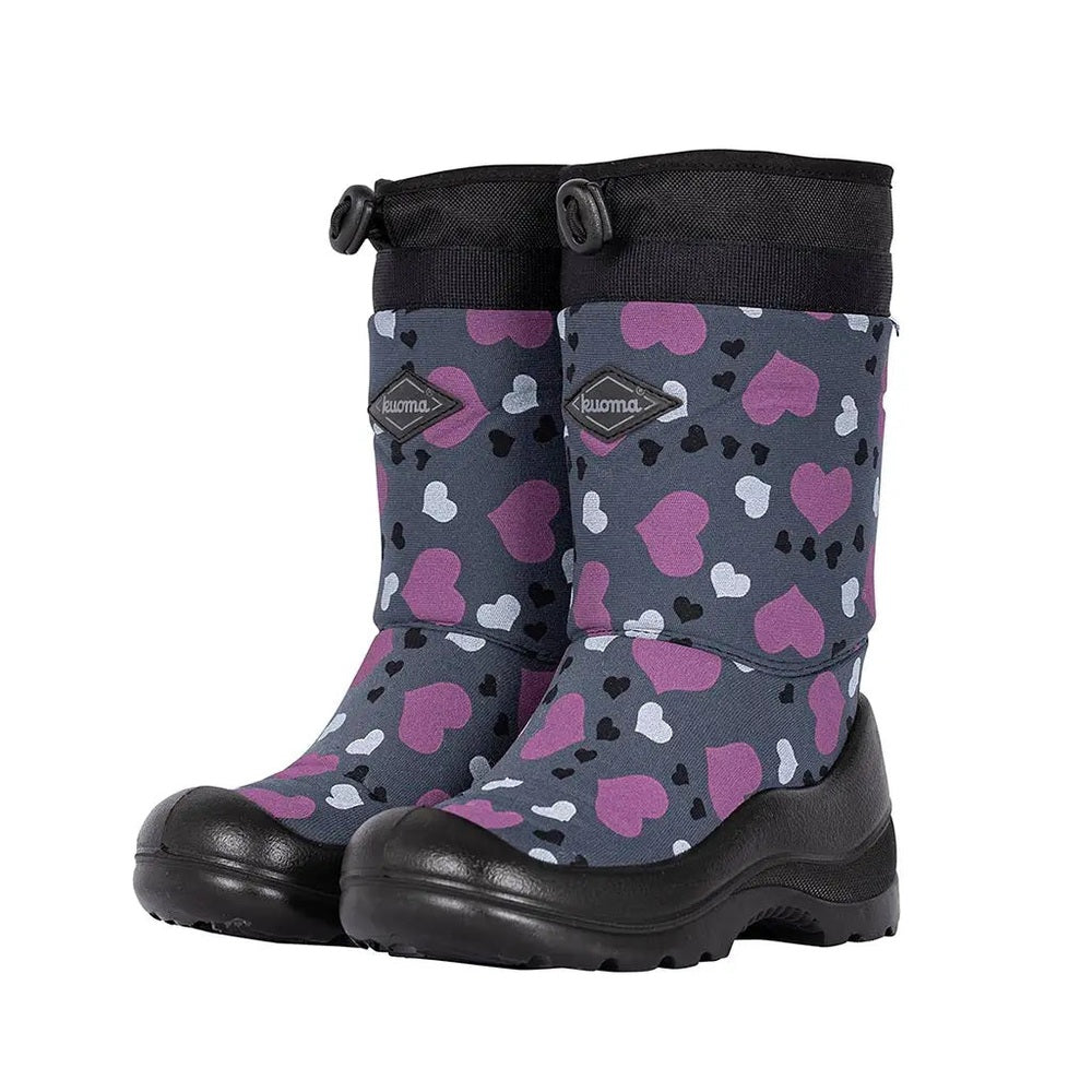 Kuoma Snowlock Grey Winter Heart boots for kids, grey with purple/white hearts, black toe caps, standing together
